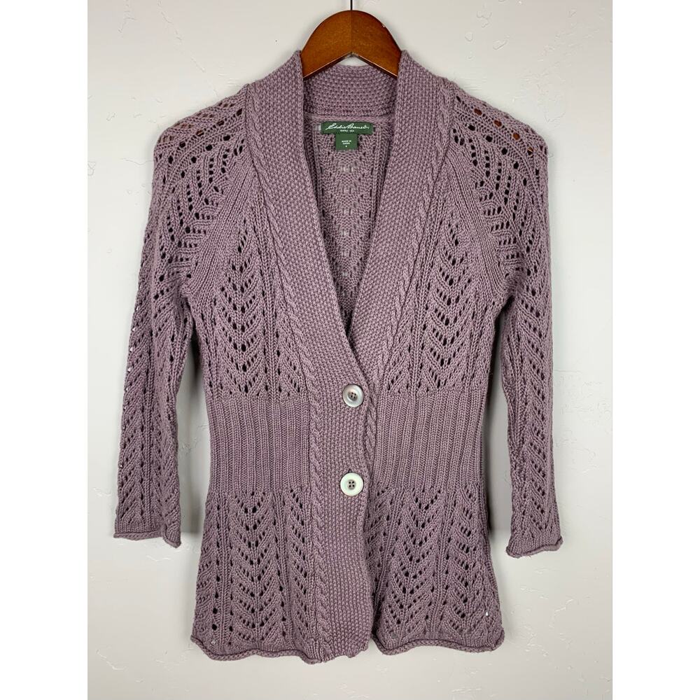 Eddie Bauer Open Knit Cardigan Sweater Purple Linen Cotton Blend Women's S
